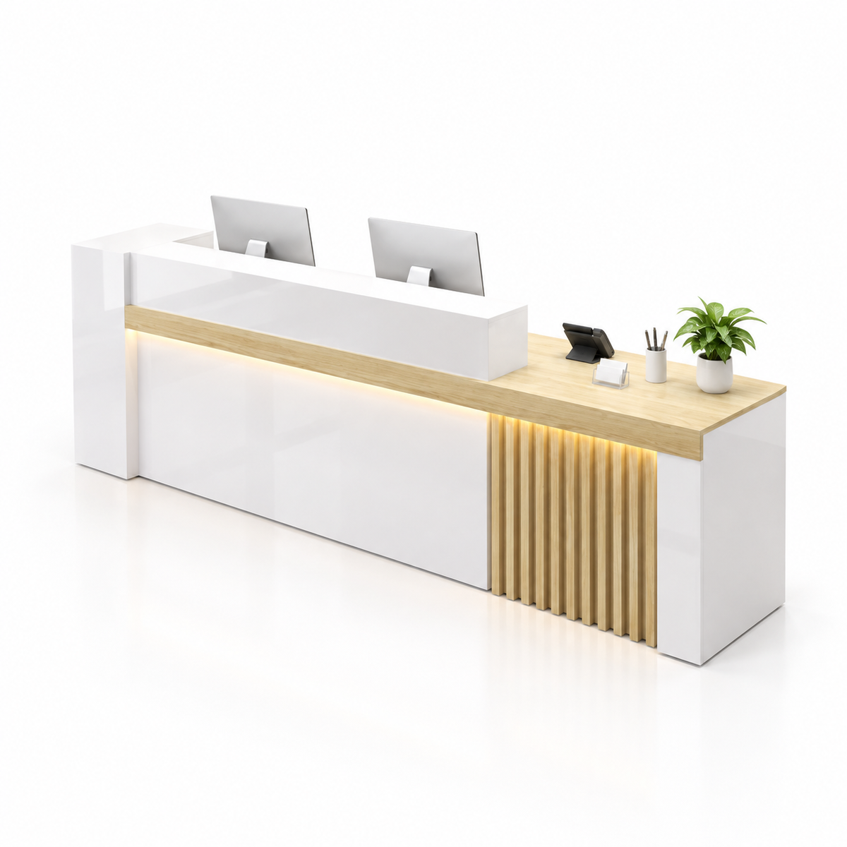 Modern Reception Counter with Fluted Feature Panel & Cable Management — 白色+原木色_右款
