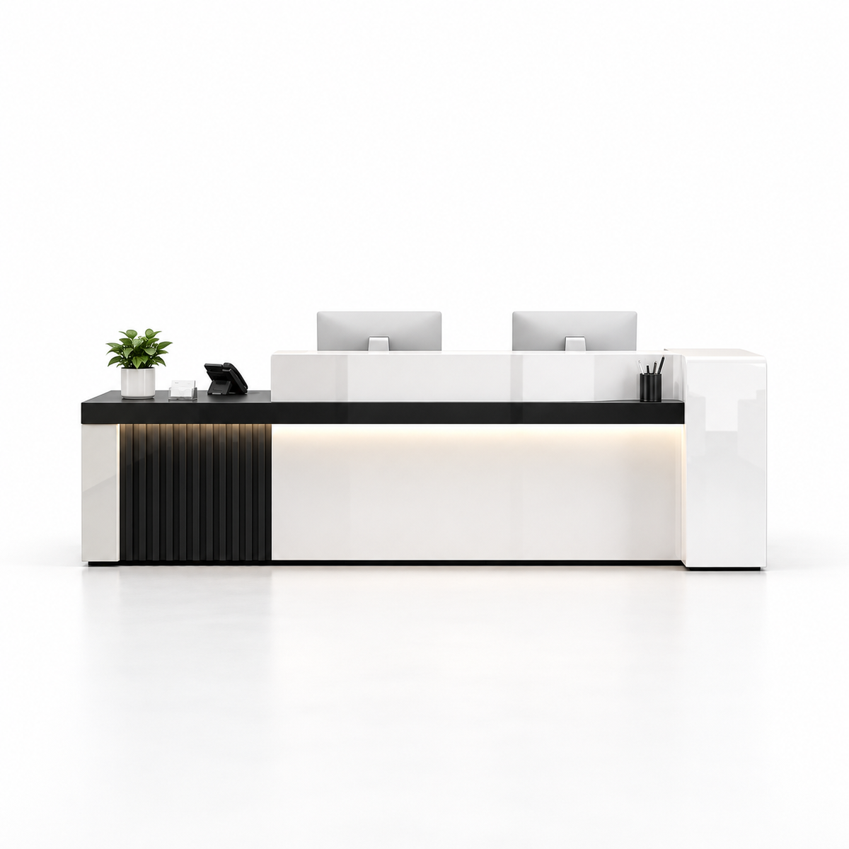 Modern Reception Counter with Fluted Feature Panel & Cable Management — 白色+黑色_左款