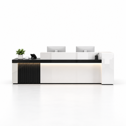 Modern Reception Counter with Fluted Feature Panel & Cable Management — 白色+黑色_左款