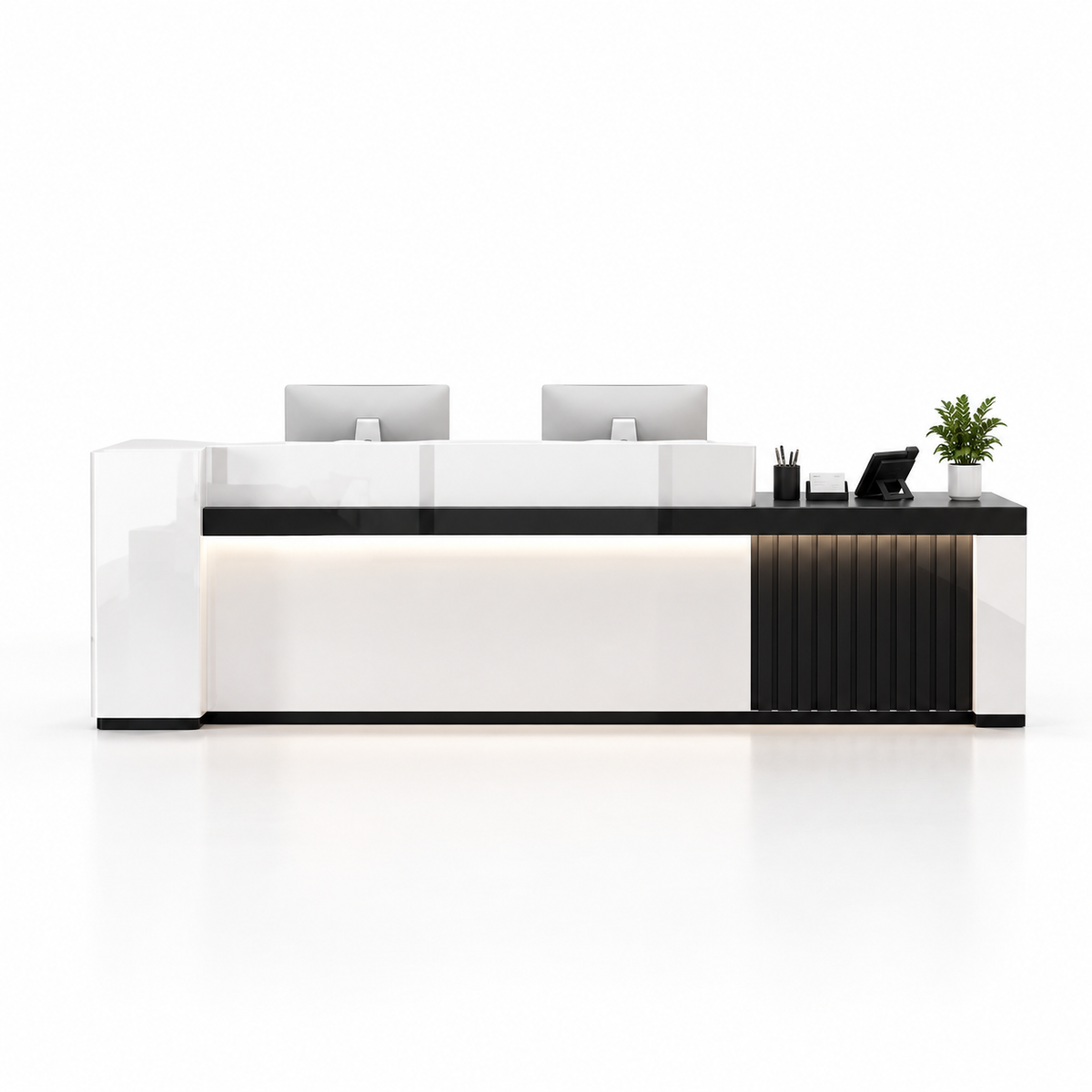 Modern Reception Counter with Fluted Feature Panel & Cable Management — 白色+黑色_右款
