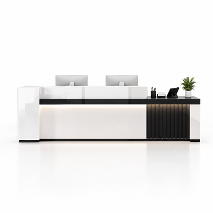 Modern Reception Counter with Fluted Feature Panel & Cable Management — 白色+黑色_右款
