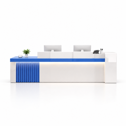 Modern Reception Counter with Fluted Feature Panel & Cable Management — 白色+蓝色_左款