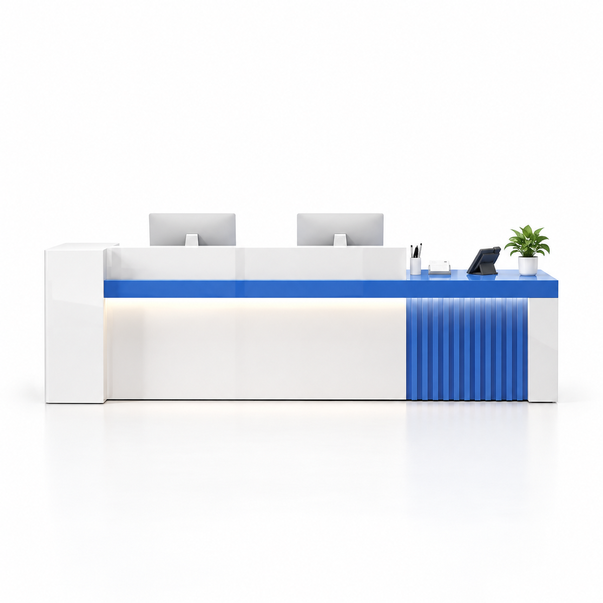 Modern Reception Counter with Fluted Feature Panel & Cable Management — 白色+蓝色_右款
