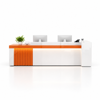Modern Reception Counter with Fluted Feature Panel & Cable Management — 白色+橙色_左款