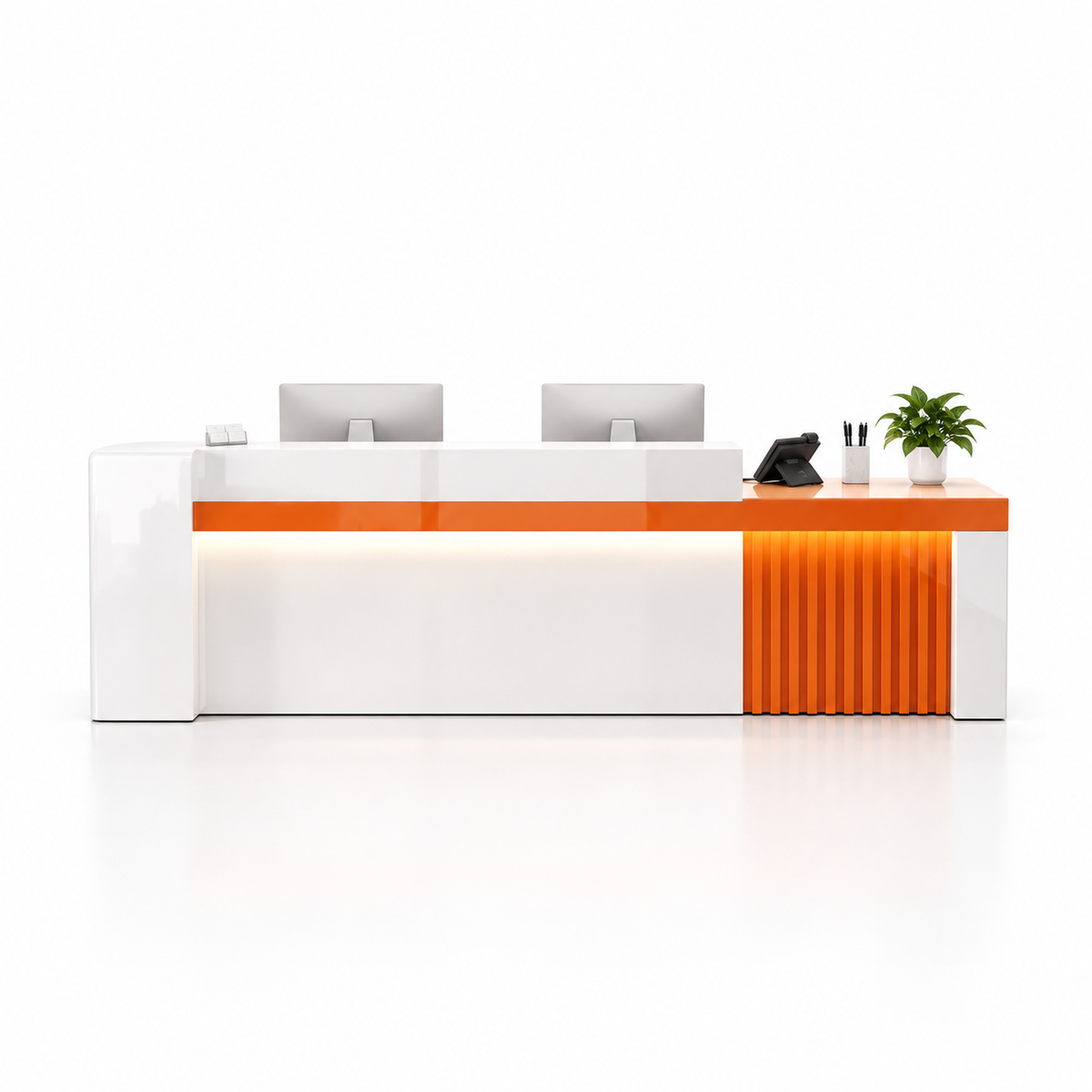 Modern Reception Counter with Fluted Feature Panel & Cable Management — 白色+橙色_右款