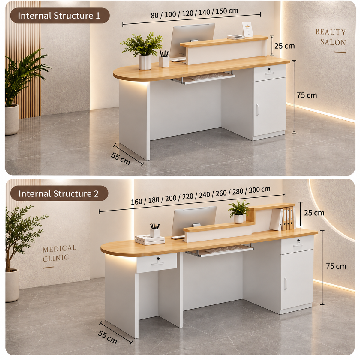 Rounded Reception Counter with Raised Shelf and LED Lighting