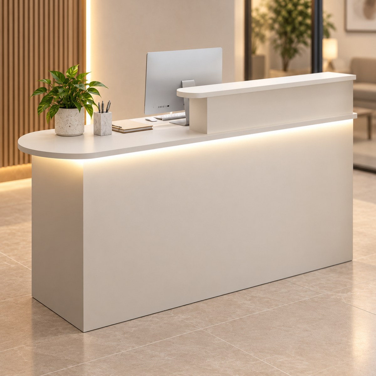 Rounded Reception Counter with Raised Shelf and LED Lighting in a commercial reception setting