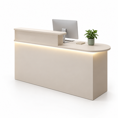 Rounded Reception Counter with Raised Shelf and LED Lighting — Beige, Right Type