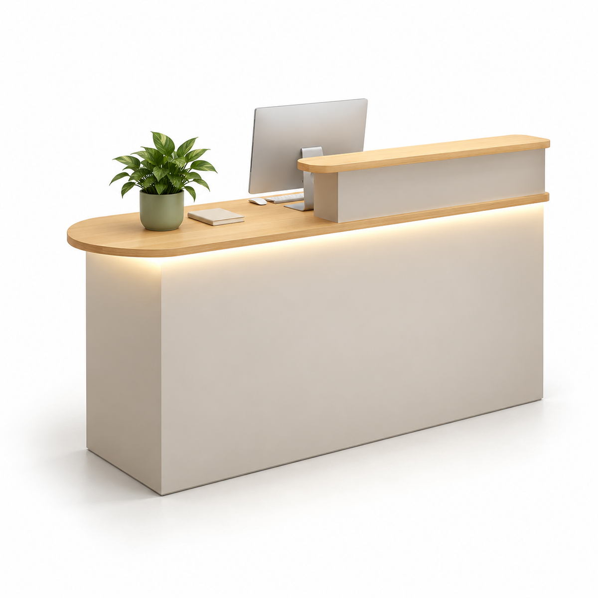 Rounded Reception Counter with Raised Shelf and LED Lighting — Natural Wood + Beige, Left Type