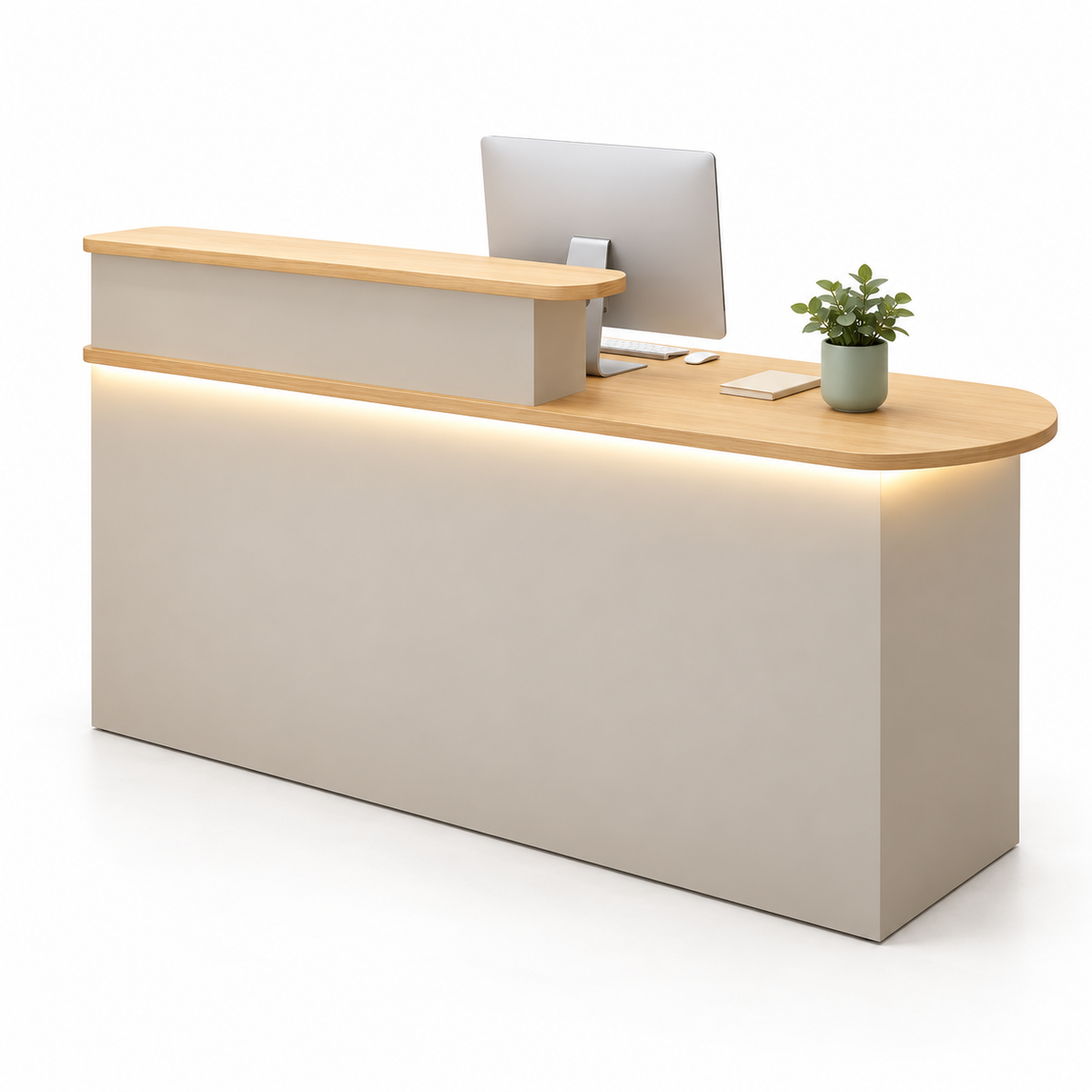 Rounded Reception Counter with Raised Shelf and LED Lighting — Natural Wood + Beige, Right Type