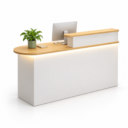 Rounded Reception Counter with Raised Shelf and LED Lighting — Natural Wood + White, Left Type
