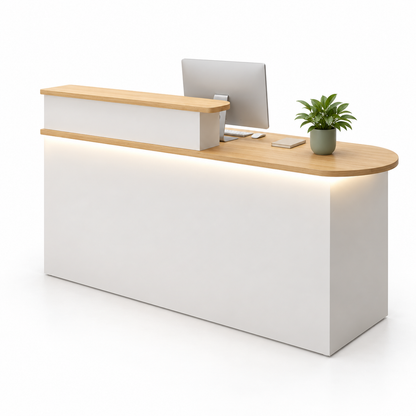 Rounded Reception Counter with Raised Shelf and LED Lighting — Natural Wood + White, Right Type