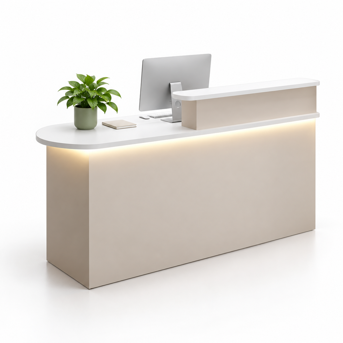 Rounded Reception Counter with Raised Shelf and LED Lighting — White + Beige, Left Type