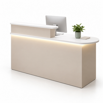 Rounded Reception Counter with Raised Shelf and LED Lighting — White + Beige, Right Type
