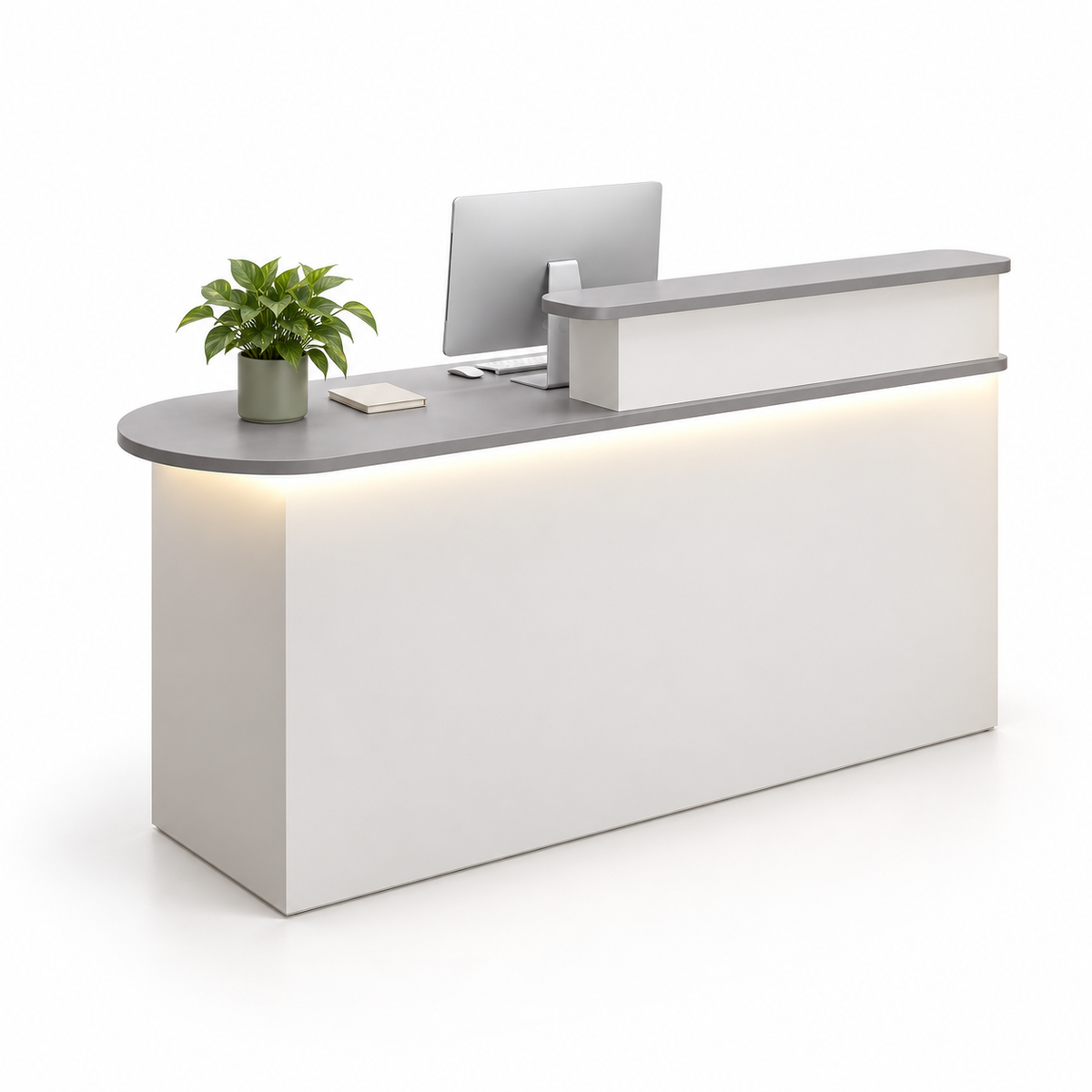 Rounded Reception Counter with Raised Shelf and LED Lighting — Grey + White, Left Type
