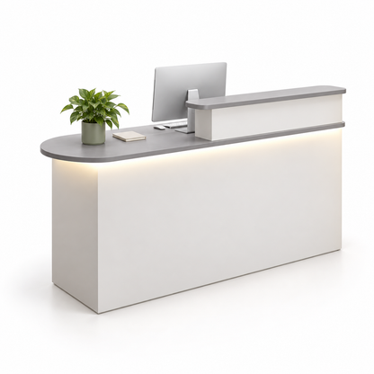 Rounded Reception Counter with Raised Shelf and LED Lighting — Grey + White, Left Type