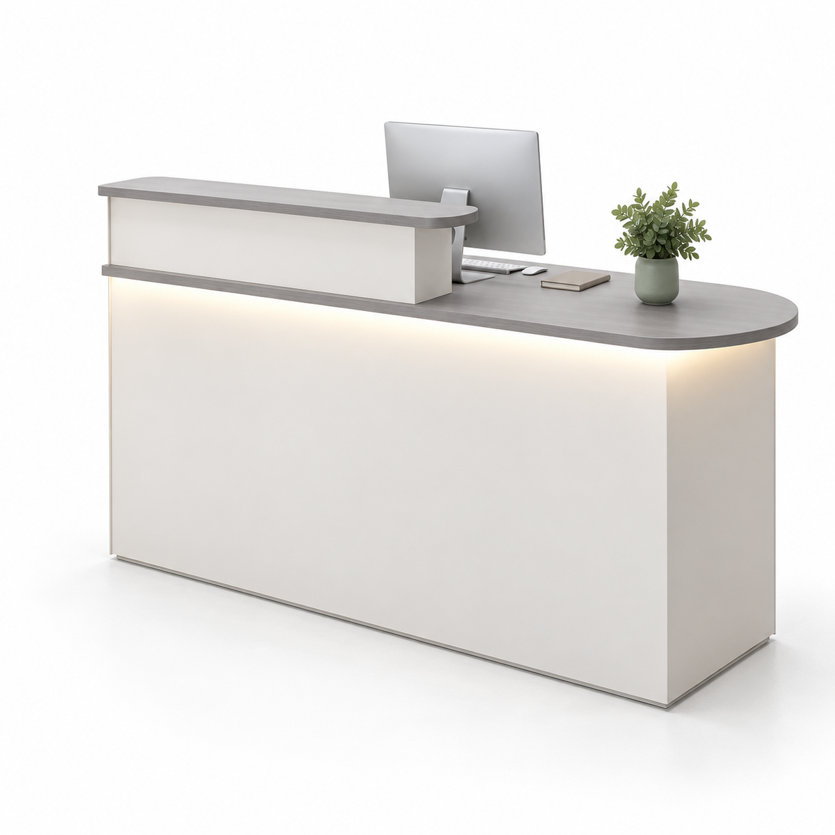 Rounded Reception Counter with Raised Shelf and LED Lighting — Grey + White, Right Type
