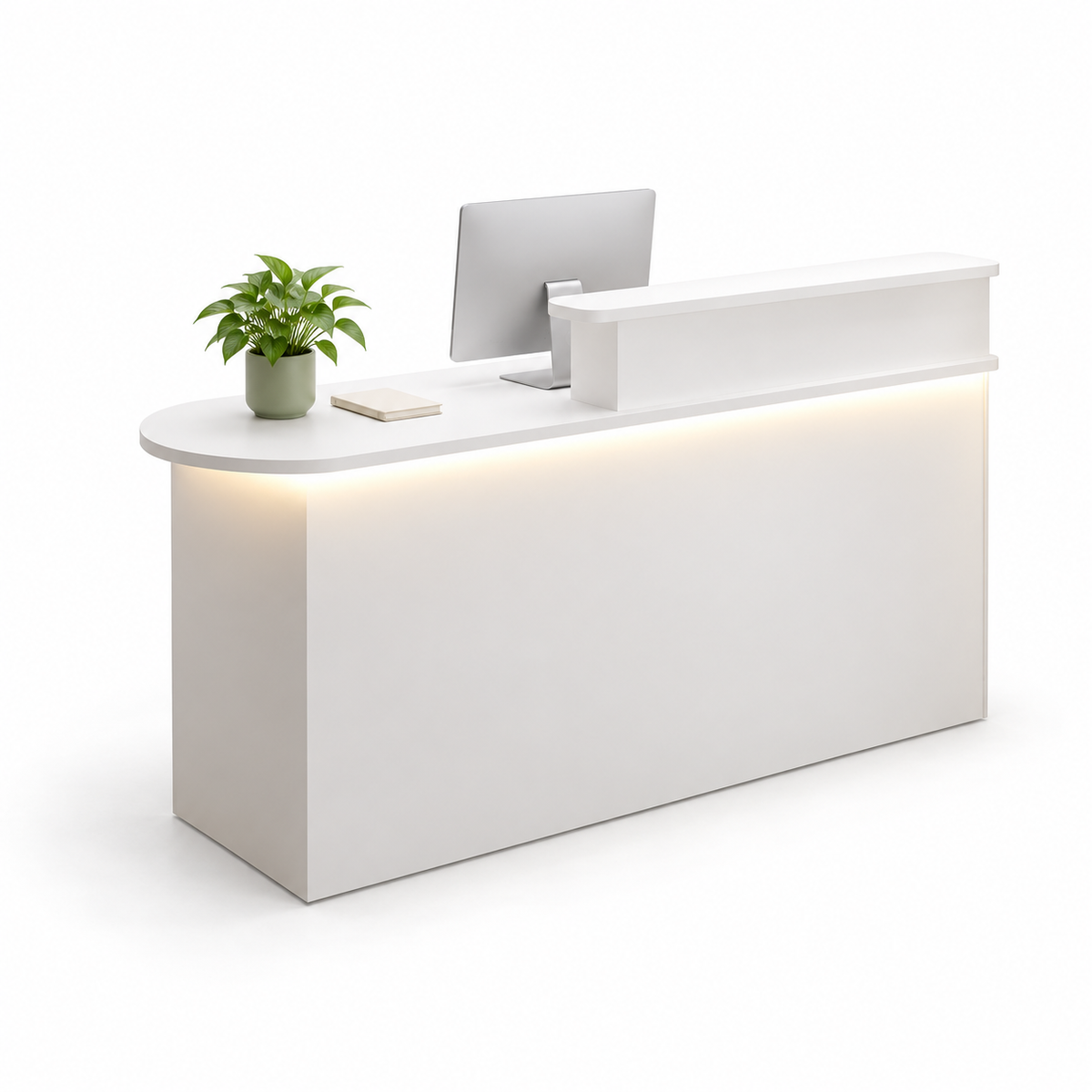 Rounded Reception Counter with Raised Shelf and LED Lighting — White, Left Type