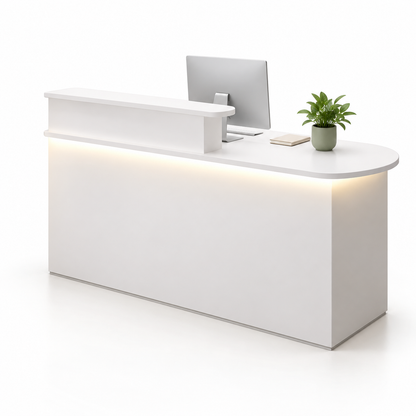 Rounded Reception Counter with Raised Shelf and LED Lighting — White, Right Type