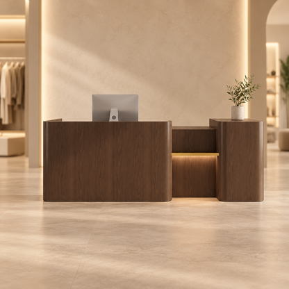 Brown rounded reception counter in a modern fashion boutique