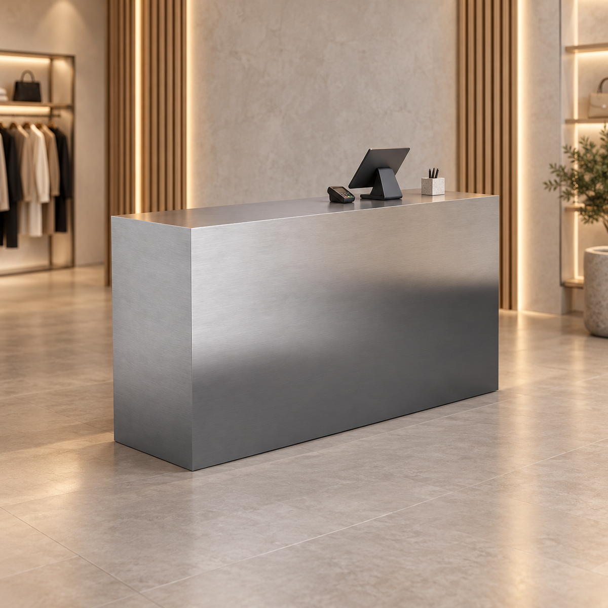Brushed Stainless Steel Reception Counter with Lockable Storage in a modern commercial interior
