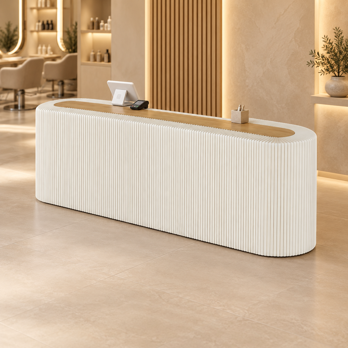Rounded Ribbed Reception Counter with Open Display Storage in a modern commercial interior