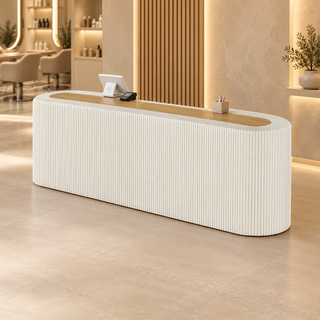 Rounded Ribbed Reception Counter with Open Display Storage in a modern commercial interior