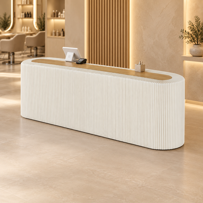 Rounded Ribbed Reception Counter with Open Display Storage in a modern commercial interior