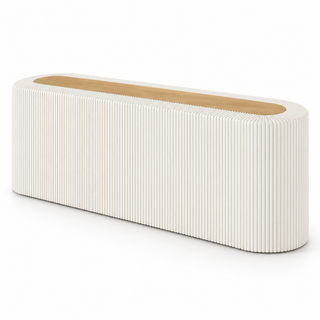 Rounded Ribbed Reception Counter with Open Display Storage 象牙白加自然木