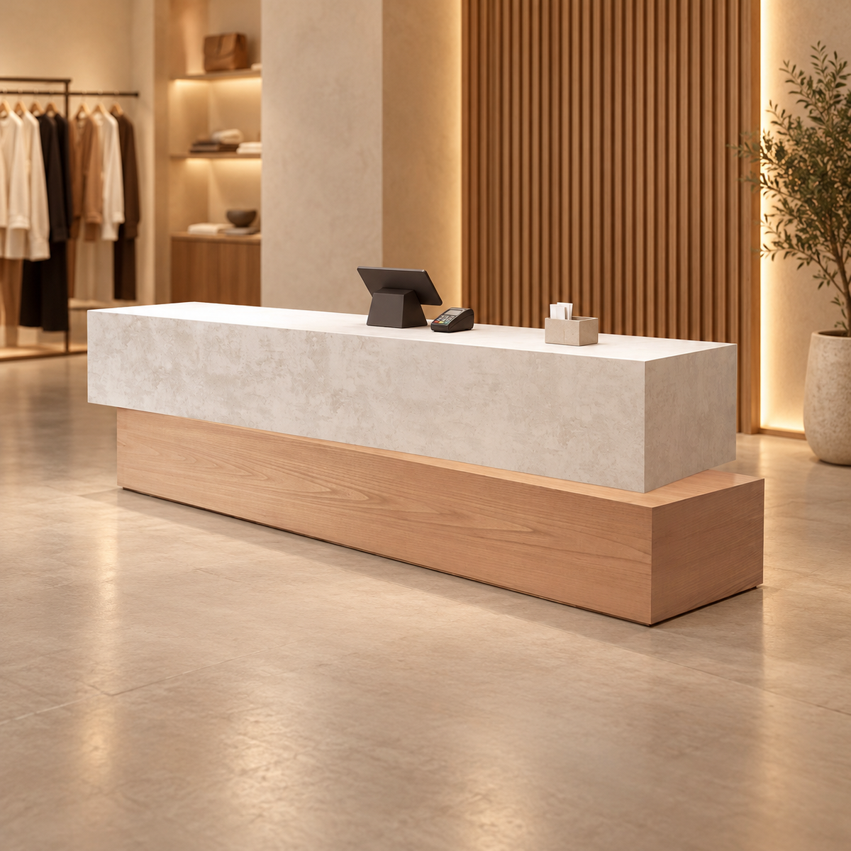 Two-Tier Reception Counter with Decorative Display Ledge in a modern commercial interior