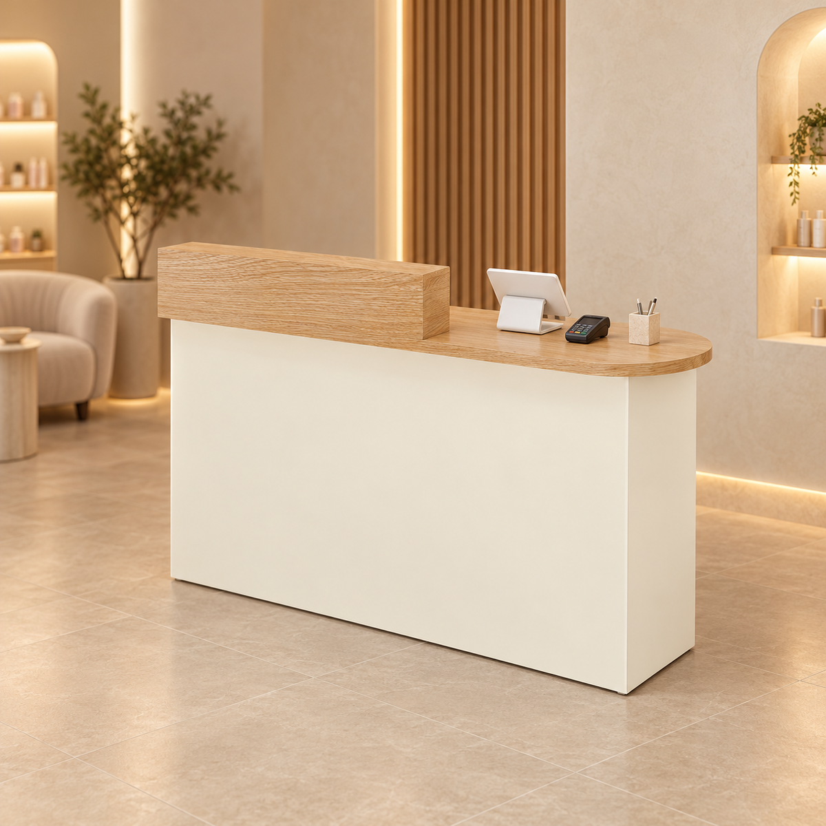 Rounded Reception Counter with Side Cabinet & Open Storage in a modern commercial interior