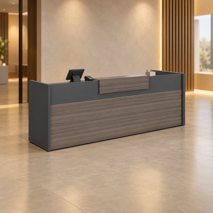 Reception Counter with Mobile Cabinets & Open Storage in a modern commercial interior