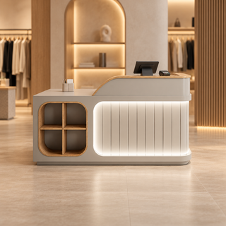 Illuminated Reception Counter with Display Cubby & Lockable Storage in a modern commercial interior