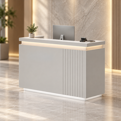 Modern Reception Counter with Grooved Feature Panel & Storage in a modern commercial interior