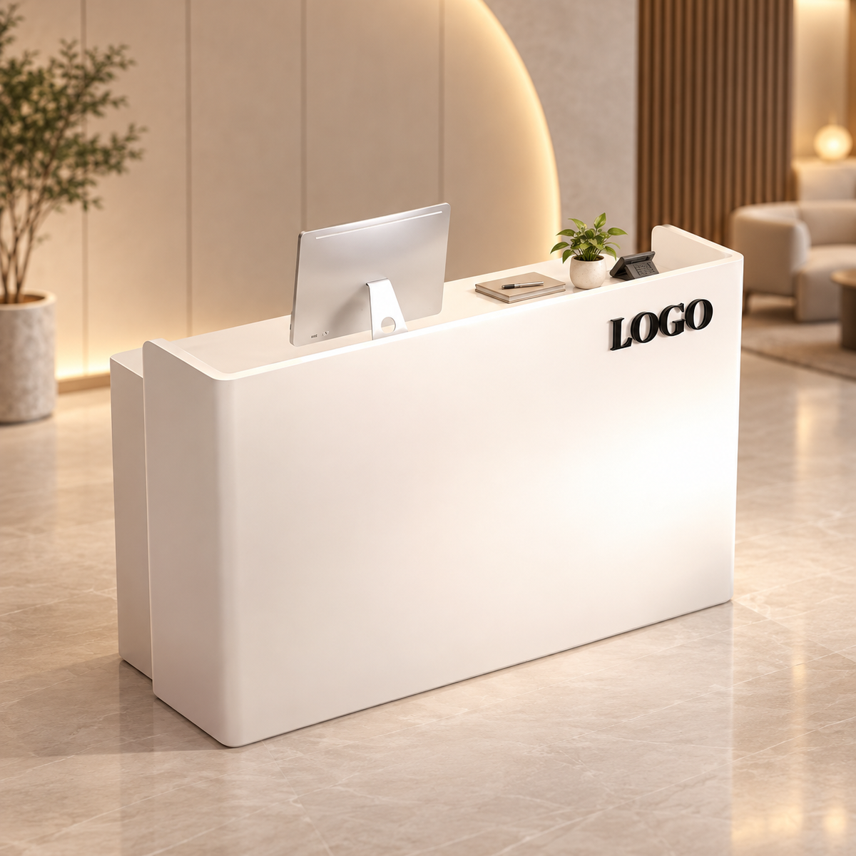 Minimalist Reception Counter with Concealed Storage & Keyboard Tray in a modern commercial interior