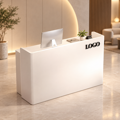 Minimalist Reception Counter with Concealed Storage & Keyboard Tray in a modern commercial interior