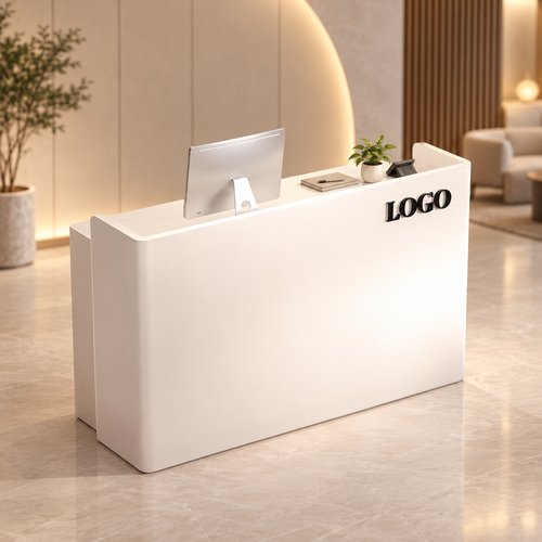 Minimalist Reception Counter with Concealed Storage & Keyboard Tray in a modern commercial interior