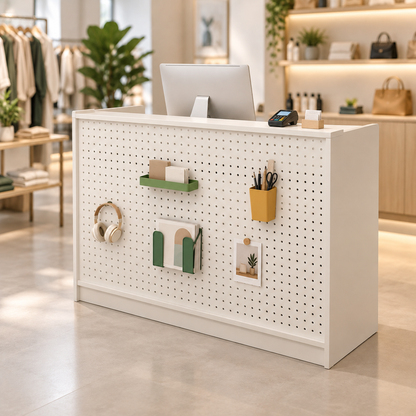 Pegboard Reception Counter with Lockable Storage in a modern commercial interior