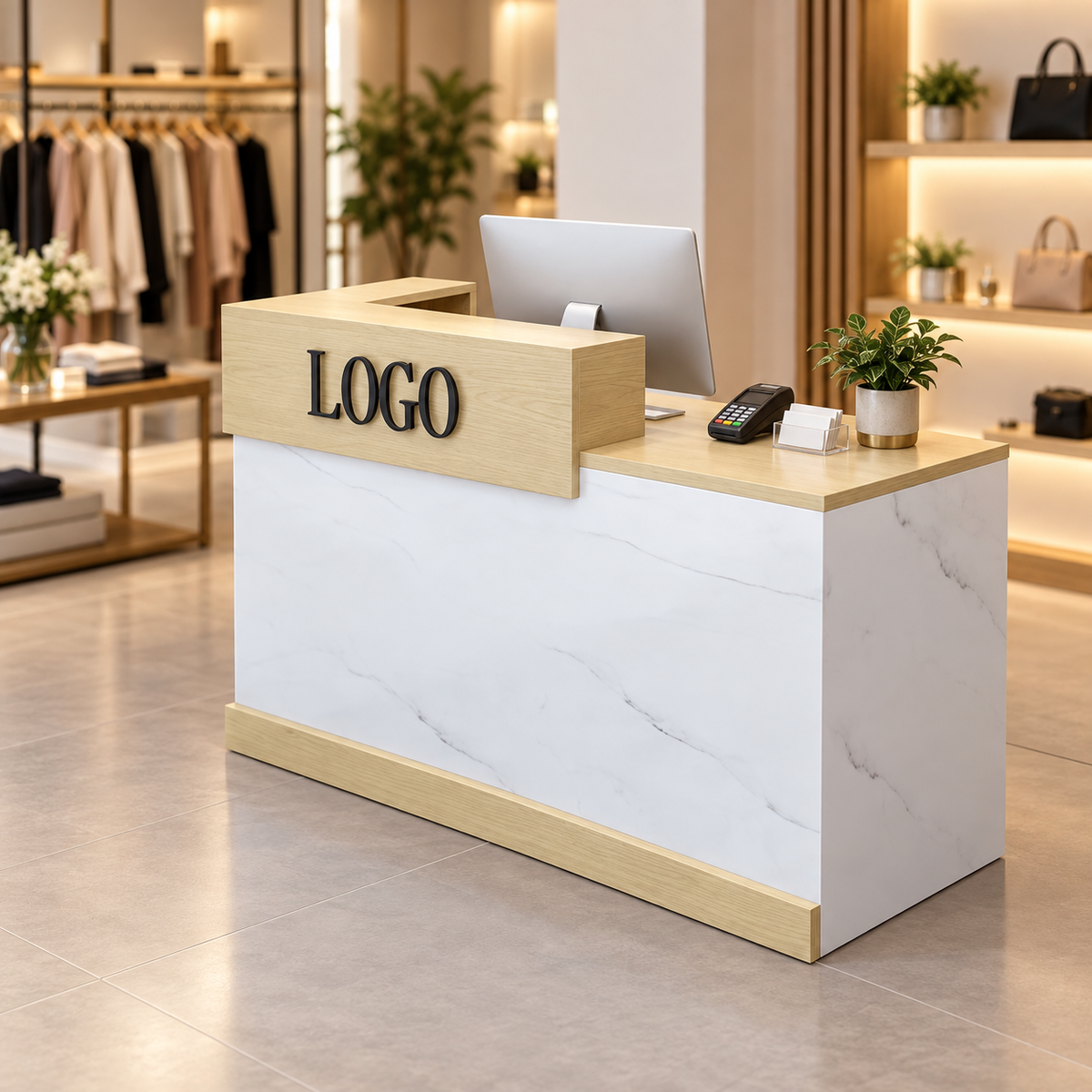 Two-Tier Reception Counter with Lockable Storage & Logo Panel in a modern commercial interior