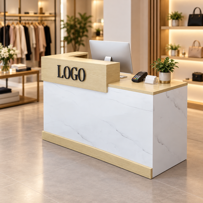 Two-Tier Reception Counter with Lockable Storage & Logo Panel in a modern commercial interior