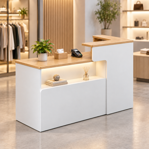 Illuminated Display Reception Counter with Raised Service Ledge in a commercial reception setting
