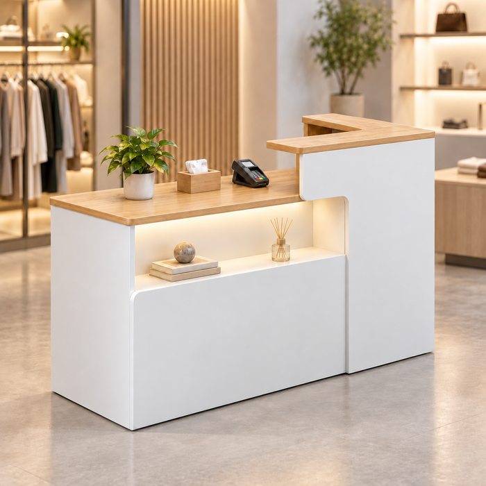 Illuminated Display Reception Counter with Raised Service Ledge in a commercial reception setting