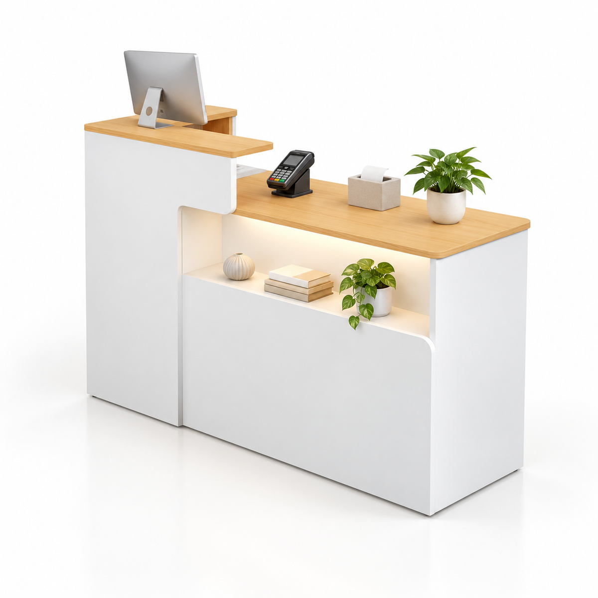Illuminated Display Reception Counter with Raised Service Ledge — White + Gold Wood Grain, Left Type