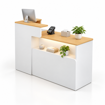 Illuminated Display Reception Counter with Raised Service Ledge — White + Gold Wood Grain, Left Type