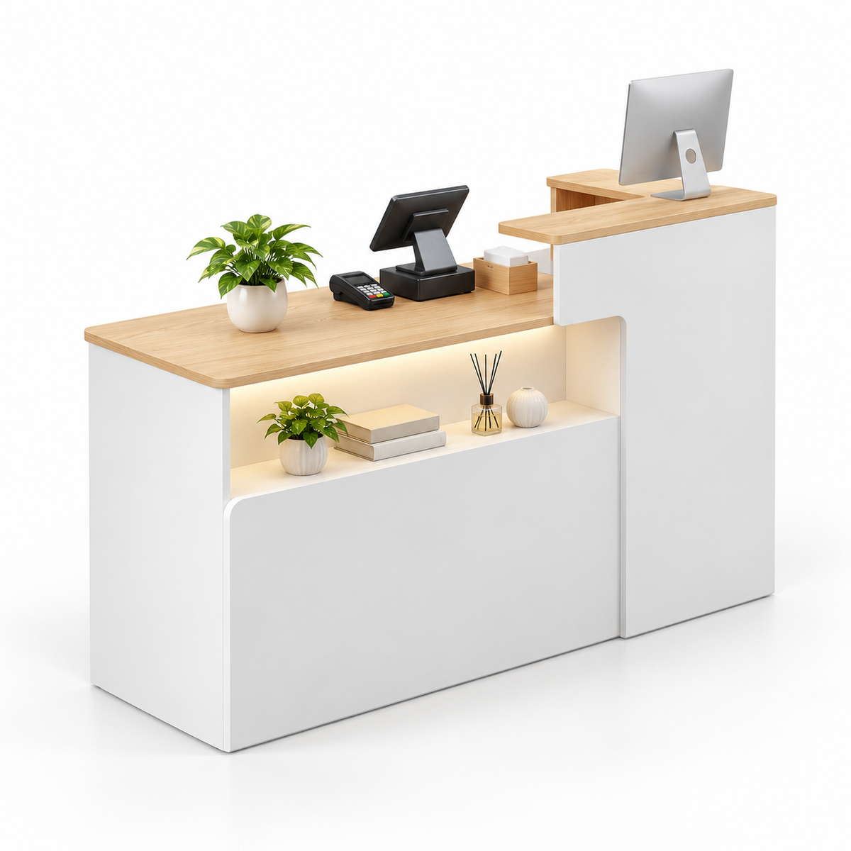Illuminated Display Reception Counter with Raised Service Ledge — White + Gold Wood Grain, Right Type