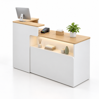 Illuminated Display Reception Counter with Raised Service Ledge — White + Natural, Left Type