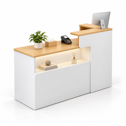 Illuminated Display Reception Counter with Raised Service Ledge — White + Natural, Right Type