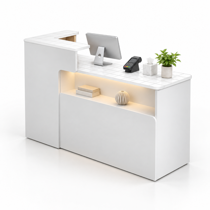 Illuminated Display Reception Counter with Raised Service Ledge — White + Grid Pattern, Left Type