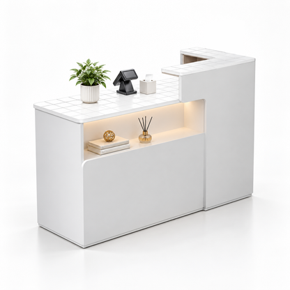 Illuminated Display Reception Counter with Raised Service Ledge — White + Grid Pattern, Right Type