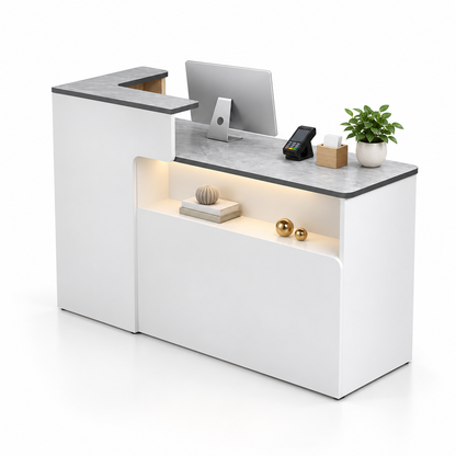 Illuminated Display Reception Counter with Raised Service Ledge — White + Grey Marble-Look, Left Type